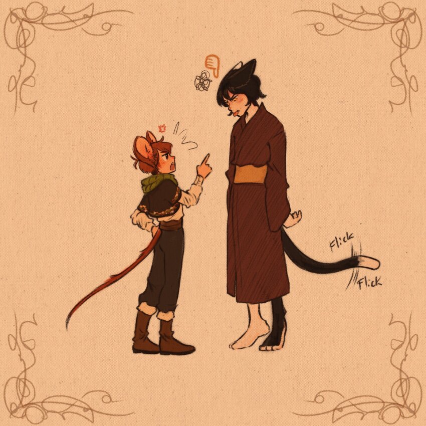 animal_ears black_hair boots brown_hair cat_ears cat_tail character_request chilchuck_tims commentary cosplay dungeon_meshi english_commentary full_body highres japanese_clothes jerry_(tom_and_jerry) jerry_(tom_and_jerry)_(cosplay) kimono long_sleeves male_focus multiple_boys neotomic short_hair simple_background standing tail tom_(tom_and_jerry) tom_and_jerry
