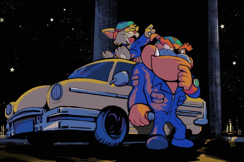 2boys bandana bulldog can car cat claws dog dribble_(warioware) drink_can fangs goggles goggles_on_head highres jumpsuit motor_vehicle multiple_boys night night_sky nintendo on_car open_mouth outdoors pawpads pointing rinabe_(@rfufvas3phbxkxa) sky soda_can spitz taxi warioware