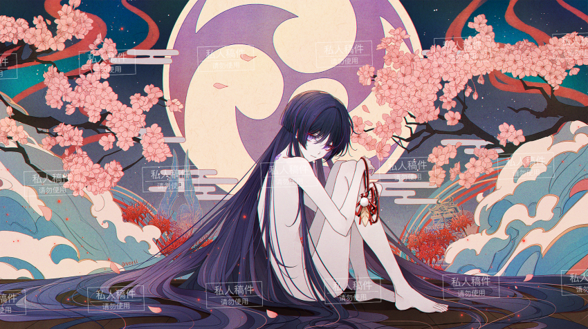 1boy barefoot blunt_ends cherry_blossoms closed_mouth commentary eyeliner feathers flower genshin_impact hair_between_eyes highres long_hair makeup male_focus neyti_(neytirv) nude purple_eyes purple_hair red_eyeliner scaramouche_(genshin_impact) sky spider_lily star_(sky) string symbol-only_commentary tattoo tree watermark