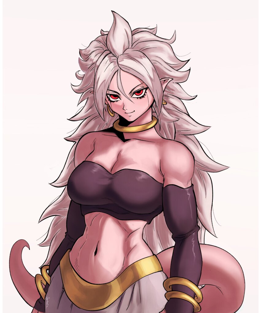 1girl absurdres android_21 bare_shoulders black_tube_top breasts collarbone colored_skin cowboy_shot dragon_ball dragon_ball_fighterz earrings eyelashes grey_hair harem_pants highres hoop_earrings jewelry large_breasts long_hair majin_android_21 medium_breasts midriff navel pants pink_skin pink_tail pointy_ears red_eyes simple_background smile solo strapless sydoria tube_top white_background