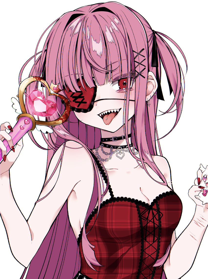 1girl absurdres bare_arms bare_shoulders black_choker blood bloody_weapon blush breasts choker cleavage collarbone ear_piercing eyepatch fingernails forked_tongue hair_ornament hairclip heart heart_collar heart_in_eye highres holding holding_staff injury long_hair looking_at_viewer nail_art nail_polish one_eye_covered open_mouth original piercing plaid_clothes plaid_shirt red_nails red_shirt self-harm_scar sharp_teeth shirt simple_background smile solo staff symbol_in_eye takae_(poupee_en_biscuit) teeth tongue tongue_out tongue_piercing two_side_up weapon white_background wrist_cutting yami_kawaii