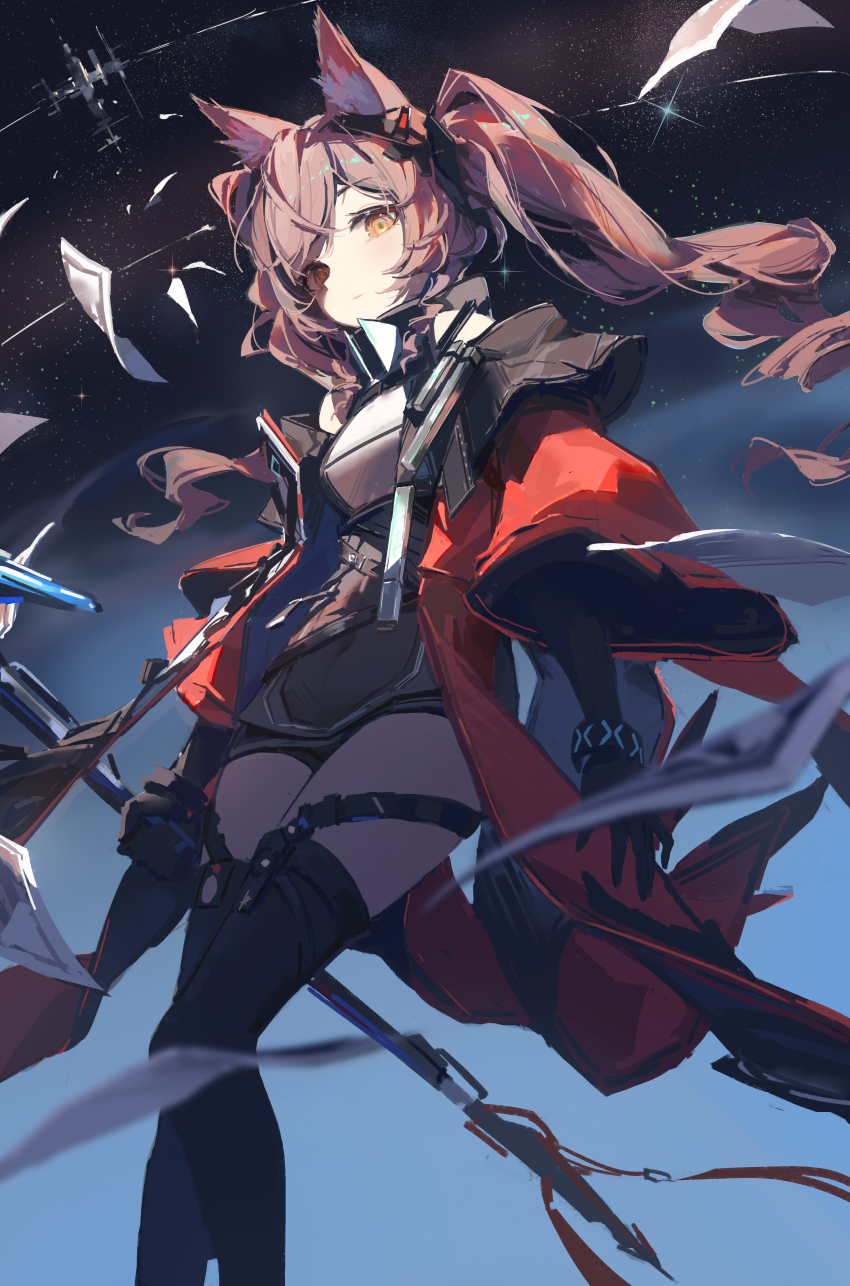 1girl absurdres angelina_(arknights) animal_ear_fluff animal_ears arknights arknights:_endfield bare_shoulders black_gloves black_thighhighs brown_hair commentary diffraction_spikes dress elbow_gloves english_commentary feet_out_of_frame fox_ears fox_girl from_below gilberta_(arknights) gloves grey_dress highres holding holding_staff infection_monitor_(arknights) jacket long_hair looking_at_viewer loong_(loong_blo) off_shoulder open_clothes open_jacket orange_eyes parted_bangs red_jacket sidelocks sky solo space_station staff star_(sky) starry_sky thighhighs three-quarter_sleeves three_quarter_view twintails wide_sleeves