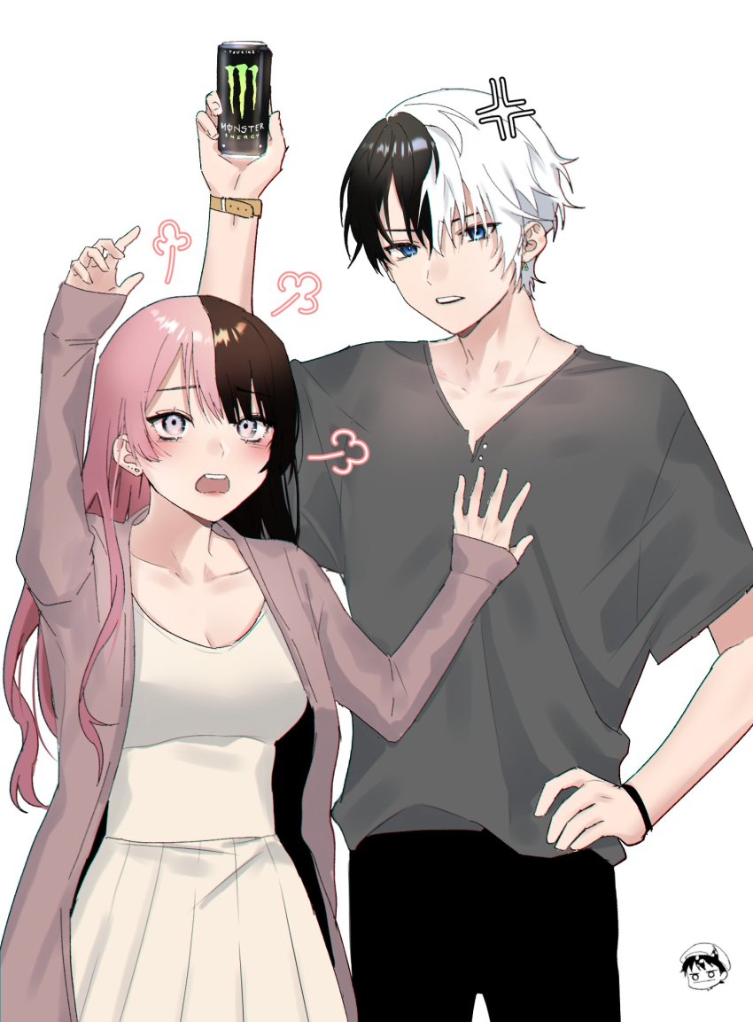 1boy 1girl anger_vein annoyed black_hair black_pants blue_eyes blush breasts brown_cardigan can cardigan cleavage collarbone commentary english_commentary eyebrows_hidden_by_hair grey_shirt hievasp highres holding holding_can indie_virtual_youtuber iris_black_games kamito_(vtuber) long_hair looking_up medium_breasts monster_energy multicolored_hair pants pink_hair purple_eyes shirt tachibana_hinano two-tone_hair virtual_youtuber vspo! white_background white_hair