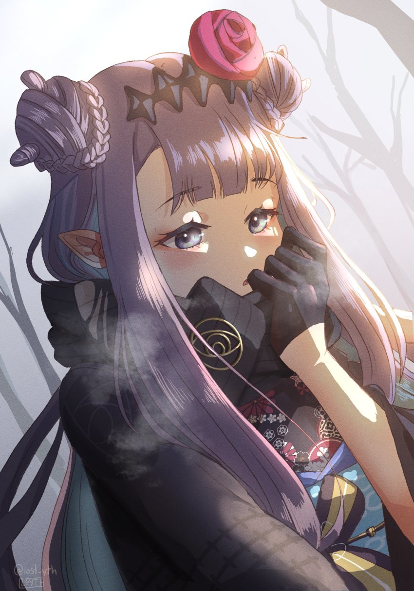 1girl absurdres bare_tree black_gloves black_scarf blue_eyes blunt_bangs blush braid braided_bun breath cold diamond_hairband double_bun floral_print flower gloves hair_bun hair_flower hair_ornament half_gloves highres hololive hololive_english japanese_clothes kimono l_yth long_hair ninomae_ina&#039;nis ninomae_ina&#039;nis_(new_year) obi pointy_ears print_kimono purple_hair purple_kimono rose sash scarf tree virtual_youtuber