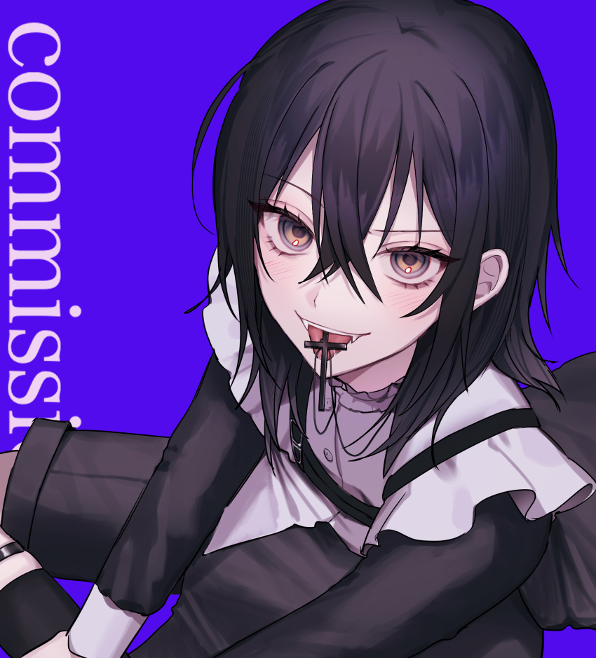 ambiguous_gender black_hair black_shirt black_shorts blue_eyes blush commentary_request commission cross cross_in_mouth cross_necklace fangs frills from_above hair_between_eyes highres jewelry kumo_tabetai long_hair looking_at_viewer multicolored_eyes necklace open_mouth original purple_background shirt shorts simple_background sitting solo teeth tongue tongue_out upper_teeth_only yellow_eyes