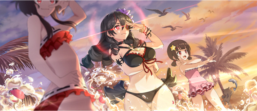 3girls :d \m/ arm_under_breasts armpit_crease arue_(konosuba) bare_arms bare_legs bare_shoulders beach bikini bird black_bikini black_cat bracelet breasts brown_hair casual_one-piece_swimsuit cat child chomusuke chuunibyou cleavage closed_mouth cloud cloudy_sky covered_navel drill_hair drill_sidelocks dusk eyepatch fang flower frilled_bikini frilled_one-piece_swimsuit frills from_below game_cg glowing glowing_eye groin hair_between_eyes hair_flower hair_ornament hair_tie hairpin hand_on_own_hip hand_over_eye highres jewelry komekko kono_subarashii_sekai_ni_shukufuku_wo! konosuba!_fantastic_days large_breasts light_smile long_hair megumin multiple_girls navel o-ring o-ring_bikini o-ring_top official_alternate_costume official_art one-piece_swimsuit open_mouth outdoors outstretched_arm palm_tree pink_one-piece_swimsuit purple_flower red_bikini red_eyes red_petals seagull shade short_hair short_hair_with_long_locks short_twintails side-tie_bikini_bottom sidelocks skin_fang sky small_breasts smile splashing standing star_(symbol) star_hair_ornament stomach swimsuit thigh_gap thighs tree twintails water wet winged_cat