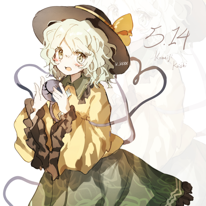 1girl absurdres ak1077 black_hat blush bow buttons character_name collared_shirt contrast_collar cowboy_shot dated dated_commentary diamond_button floral_print floral_print_skirt frilled_shirt_collar frilled_skirt frilled_sleeves frills green_eyes green_skirt hat hat_bow heart heart_of_string highres koishi_day komeiji_koishi long_sleeves medium_hair open_mouth rose_print shirt skirt solo third_eye touhou wide_sleeves yellow_bow yellow_shirt zoom_layer
