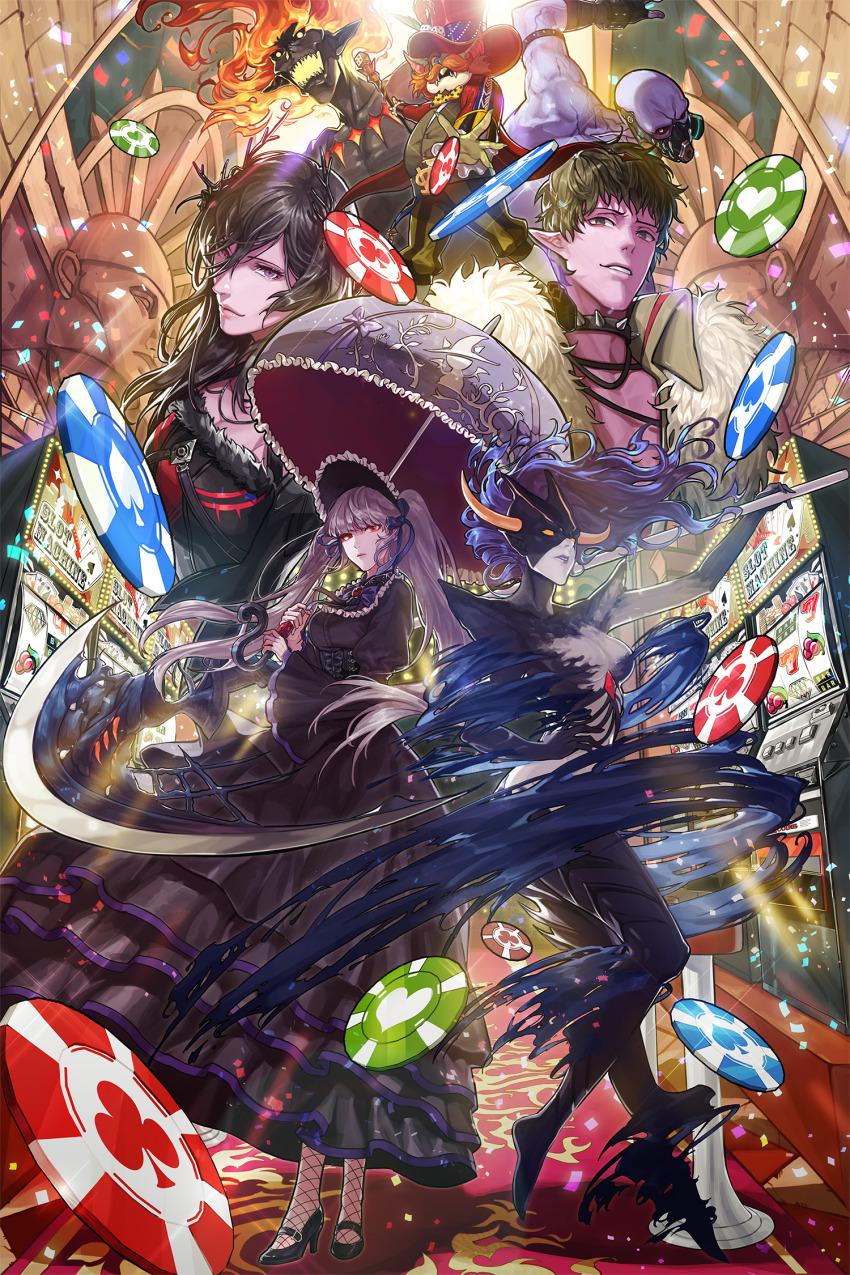 3girls 4boys armlet ascot barefoot black_collar black_dress black_gloves black_hair black_shoes black_skin blue_skin blunt_bangs breasts brown_hair casino character_request cleavage closed_mouth coat collar collarbone colored_skin commentary confetti dress dungeon_and_fighter facial_hair fiery_hair fingerless_gloves fishnet_thighhighs fishnets frilled_ascot frilled_headwear frills full_body fur_trim gem gloves green_eyes grey_skin grey_vest hair_ornament hat highres holding holding_staff holding_umbrella horns indoors jewelry long_hair looking_at_viewer looking_to_the_side mask medium_breasts monster_girl mouth_mask multiple_boys multiple_girls muscular muscular_male mustache open_mouth orange_eyes orange_hair orange_horns pants parted_lips pectoral_cleavage pectorals pink_skin pointy_ears poker_chip purple_ascot purple_eyes purple_hair purple_skin purple_umbrella reaching red_coat red_eyes red_gemstone red_hat respirator sharp_teeth shoes short_hair sparkle spiked_collar spikes staff teeth thighhighs twintails umbrella upper_body ven0305 vest yellow_eyes yellow_pants