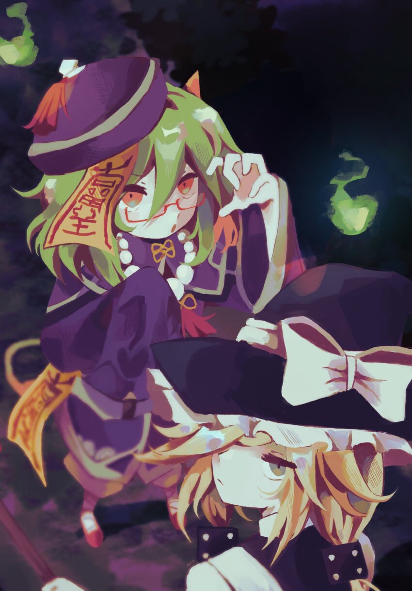 2girls :o bead_necklace beads black_dress black_headwear blonde_hair bow braid colored_skin commentary cosplay dice_hair_ornament dress english_commentary frilled_hat frills froze_(funamusea) funamusea haiiro_teien hair_ornament hair_over_one_eye halloween_costume hat hat_bow highres hitodama jacket jewelry jiangshi jiangshi_costume kirisame_marisa kirisame_marisa_(cosplay) long_sleeves looking_at_viewer multiple_girls necklace ofuda ofuda_on_head open_mouth outstretched_arms purple_background purple_headwear purple_jacket qingdai_guanmao red-framed_eyewear red_footwear semi-rimless_eyewear sleeves_past_fingers sleeves_past_wrists standing takobatsu talisman touhou twin_braids white_bow white_skin wide_sleeves witch_hat yellow_eyes yosafire_(funamusea) zombie_pose