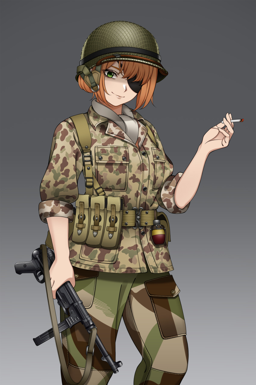 1girl belt camouflage cigarette combat_helmet explosive gradient_background green_eyes grenade grey_background gun hat helmet highres holding holding_gun holding_weapon holster jacket keiita m1_helmet military military_combat_uniform military_hat military_uniform mp40 orange_hair original pants rifle short_hair smile solo standing submachine_gun weapon