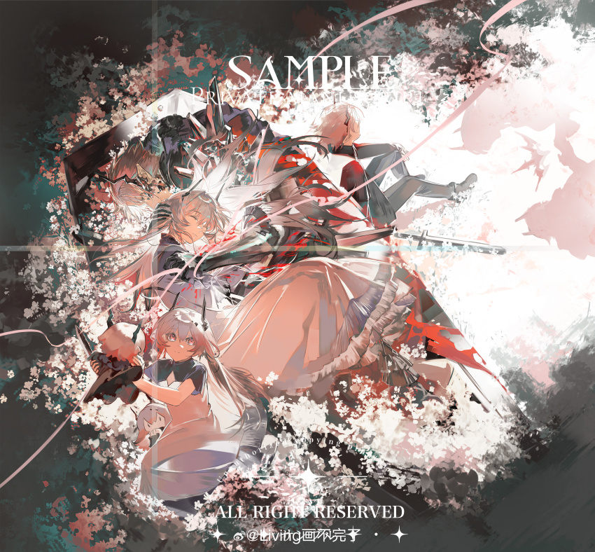 absurdres arknights black_horns demon_horns dress gongzuotianxiadiyi highres horns jewelry material_growth multiple_rings oripathy_lesion_(arknights) pink_hair ribbon-trimmed_hood ring star_of_life theresa_(arknights) theresis_(arknights) turtleneck turtleneck_dress white_dress