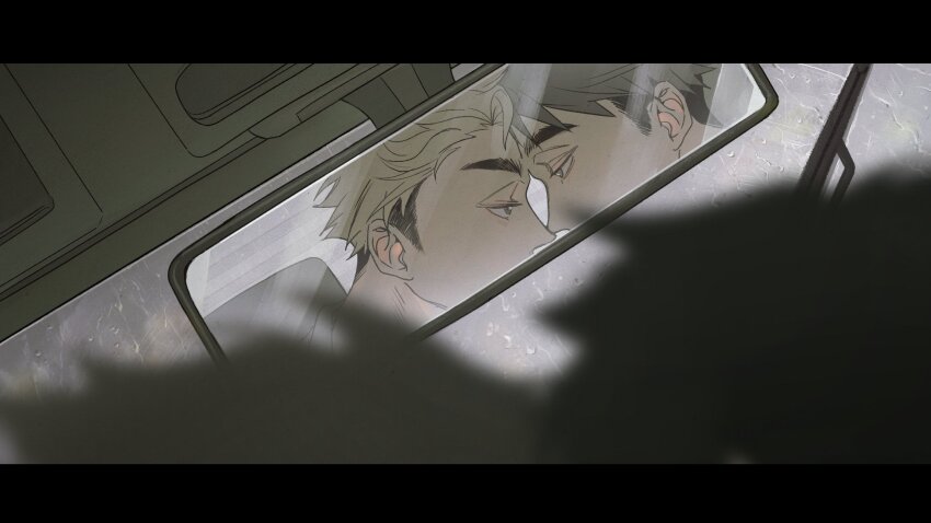 2boys black_hair blonde_hair brothers car_interior eye_contact forehead-to-forehead grey_hair haikyuu!! heads_together highres incest letterboxed looking_at_another male_focus miya_atsumu miya_osamu miyaii17 multicolored_hair multiple_boys rain rear-view_mirror reflection short_hair short_sideburns siblings thick_eyebrows twins two-tone_hair water yaoi