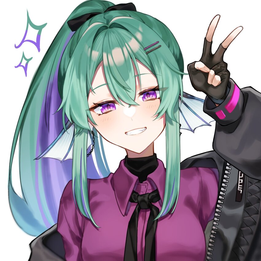 1girl arm_up black_gloves black_jacket black_ribbon black_undershirt blush breasts chain collared_shirt commentary crossed_bangs english_commentary eyelashes fang fin_piercing finana_ryugu finana_ryugu_(3rd_costume) fingerless_gloves fins fish_girl gloves green_hair grin hair_between_eyes hair_intakes hair_ornament hair_ribbon hairclip head_fins high_ponytail highres jacket linked_piercing long_hair long_sleeves looking_at_viewer medium_breasts multicolored_hair neck_ribbon nijisanji nijisanji_en off_shoulder official_alternate_costume open_clothes open_jacket parted_bangs piercing ponytail purple_eyes purple_hair purple_shirt ribbon shirt sidelocks simple_background smile solo sparkle streaked_hair teeth turtleneck undershirt upper_body v virtual_youtuber white_background wing_collar yukino_0306 zipper