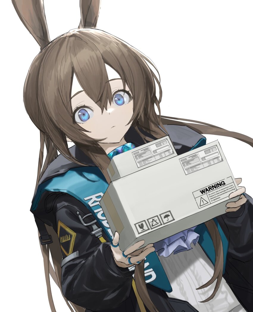 1girl amiya_(arknights) animal_ears arknights black_jacket blue_eyes box brown_hair closed_mouth clothes_writing commentary es-ther hair_between_eyes highres holding holding_box jacket jewelry long_hair long_sleeves looking_at_viewer multiple_rings open_clothes open_jacket rabbit_ears rabbit_girl ring simple_background solo symbol-only_commentary white_background