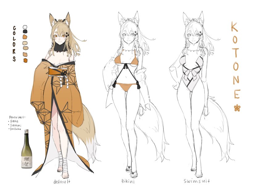 1girl absurdres alcohol alternate_costume animal_ears bandaged_leg bandages bikini blonde_hair breasts cleavage contrapposto fox_ears fox_tail full_body fur_collar hair_ornament hairband hand_on_own_hip highres jacket jacket_partially_removed looking_at_viewer medium_hair multiple_views one-piece_swimsuit orange_eyes original reference_sheet sake simple_background smile star_(symbol) star_hair_ornament stray_hair string_bikini swimsuit tail wavy_hair white_background yellow_jacket yoimon