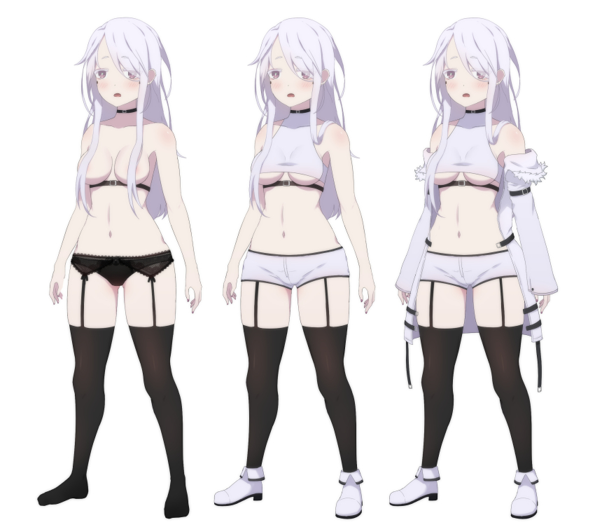 1girl aren&#039;t_grim_reapers_supposed_to_be_scary bare_shoulders belt belt_collar black_belt black_collar black_garter_belt black_panties black_thighhighs breasts bright_pupils coat collar colored_eyelashes cropped_shirt eyes_visible_through_hair facial_tattoo full_body fur-trimmed_coat fur_trim garter_belt garter_straps hair_over_one_eye highres kamuo light_blush long_hair long_sleeves no_shoes off_shoulder open_mouth pale_skin panties pari_(kamuo) pink_nails purple_eyes reference_sheet shirt shoes short_shorts shorts sidelocks simple_background sleeveless sleeveless_shirt sleeves_past_wrists tachi-e tattoo teardrop_tattoo thighhighs topless_female underboob underbust underwear white_background white_coat white_footwear white_hair white_pupils white_shirt white_shorts
