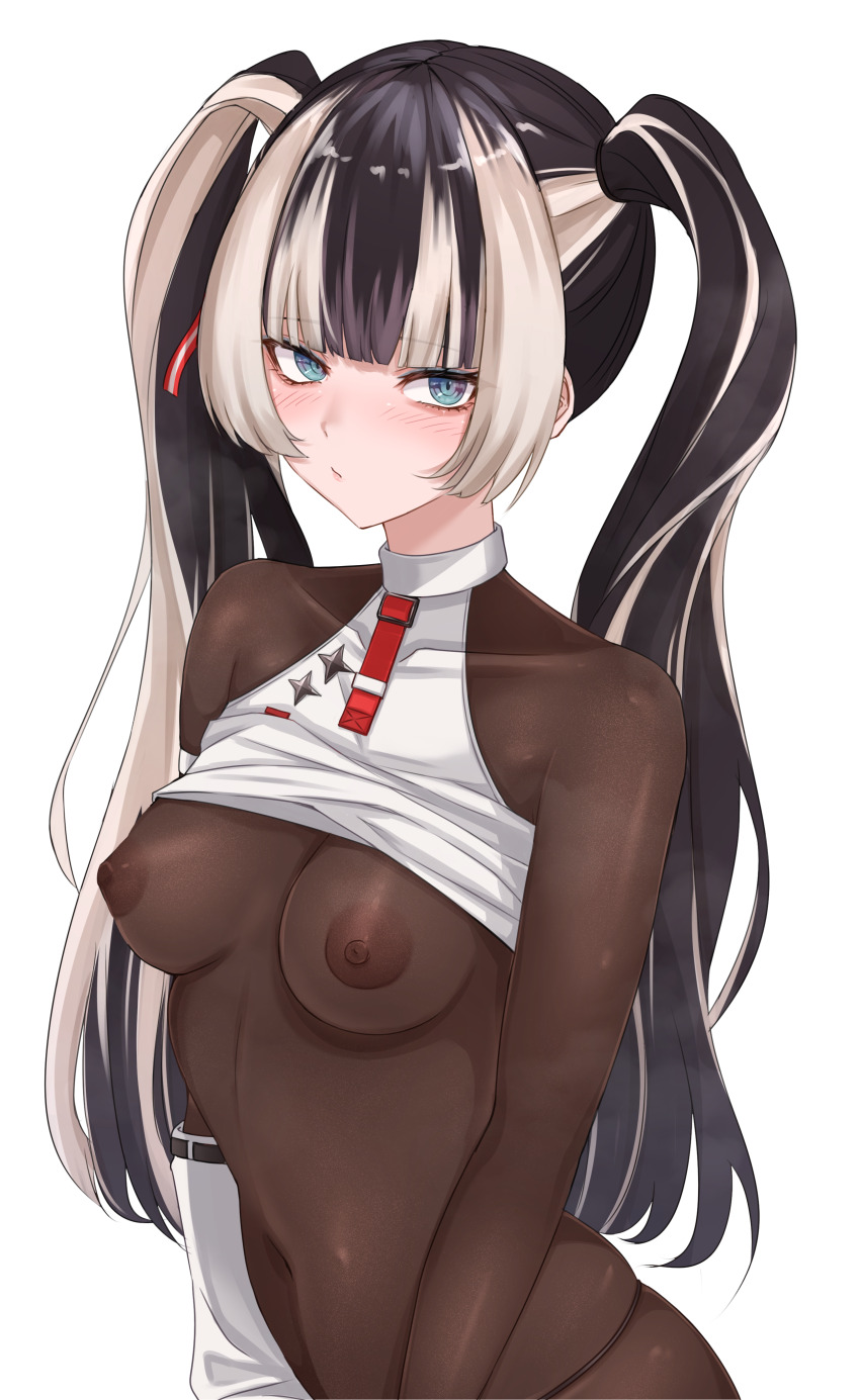 1girl absurdres black_hair blush bodystocking breasts closed_mouth clothes_lift collarbone commentary_request covered_erect_nipples covered_navel crop_top ekibyoudayo highres hololive hololive_dev_is juufuutei_raden long_hair medium_breasts multicolored_hair shirt_lift simple_background solo twintails two-tone_hair very_long_hair white_background white_hair