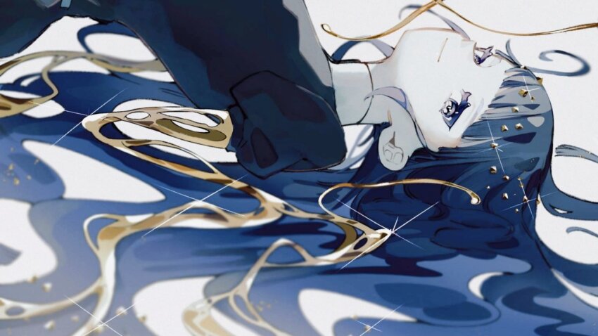 1other arched_back blue_eyes blue_hair blurry colored_skin depth_of_field formal_clothes gem_uniform_(houseki_no_kuni) golden_arms hair_spread_out houseki_no_kuni long_hair looking_at_viewer lying on_back other_focus phosphophyllite phosphophyllite_(ll) puffy_short_sleeves puffy_sleeves shiro_(kuro_guu) short_sleeves simple_background smile solo suit upper_body white_background white_skin