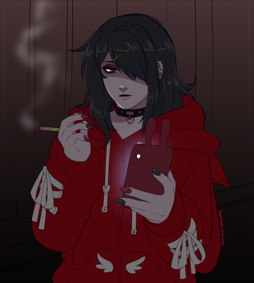 1girl absurdres ame-chan_(needy_girl_overdose) black_hair choker dim_lighting drugs expressionless hair_over_one_eye highres holding holding_phone hood hood_down hoodie long_hair looking_at_penis looking_at_viewer needy_girl_overdose phone purple_eyes red_hoodie smoke smoke_trail smoking solo tempusumbra