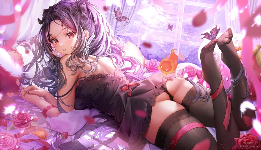 1girl absurdres black_bow black_hair black_nightgown black_panties black_thighhighs bow bug butterfly butterfly_on_foot curtains dark-skinned_female dark_skin eyelashes feathers feet flower food fruit hair_bow highres insect isari_sensei leg_ribbon long_hair lying mascot mole mole_under_eye nightgown nijisanji nijisanji_en on_bed on_stomach panties parted_lips pillow pink_flower pink_ribbon pink_rose red_bow red_eyes red_flower red_rose ribbon rose scarle_yonaguni scarle_yonaguni_(3rd_costume) scarling_(scarle_yonaguni) second-party_source sleepwear star_(symbol) strap_slip strawberry streamers thighhighs toes underwear virtual_youtuber white_feathers window