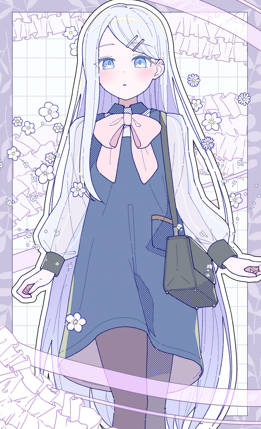 1girl 25-ji_nightcord_de._(project_sekai) absurdres black_bag blue_dress blue_eyes blush border bow dress grey_pantyhose hair_ornament hairclip highres long_hair long_sleeves mishio_(misio_40) pantyhose project_sekai purple_border see-through_clothes see-through_sleeves solo very_long_hair white_border yoisaki_kanade