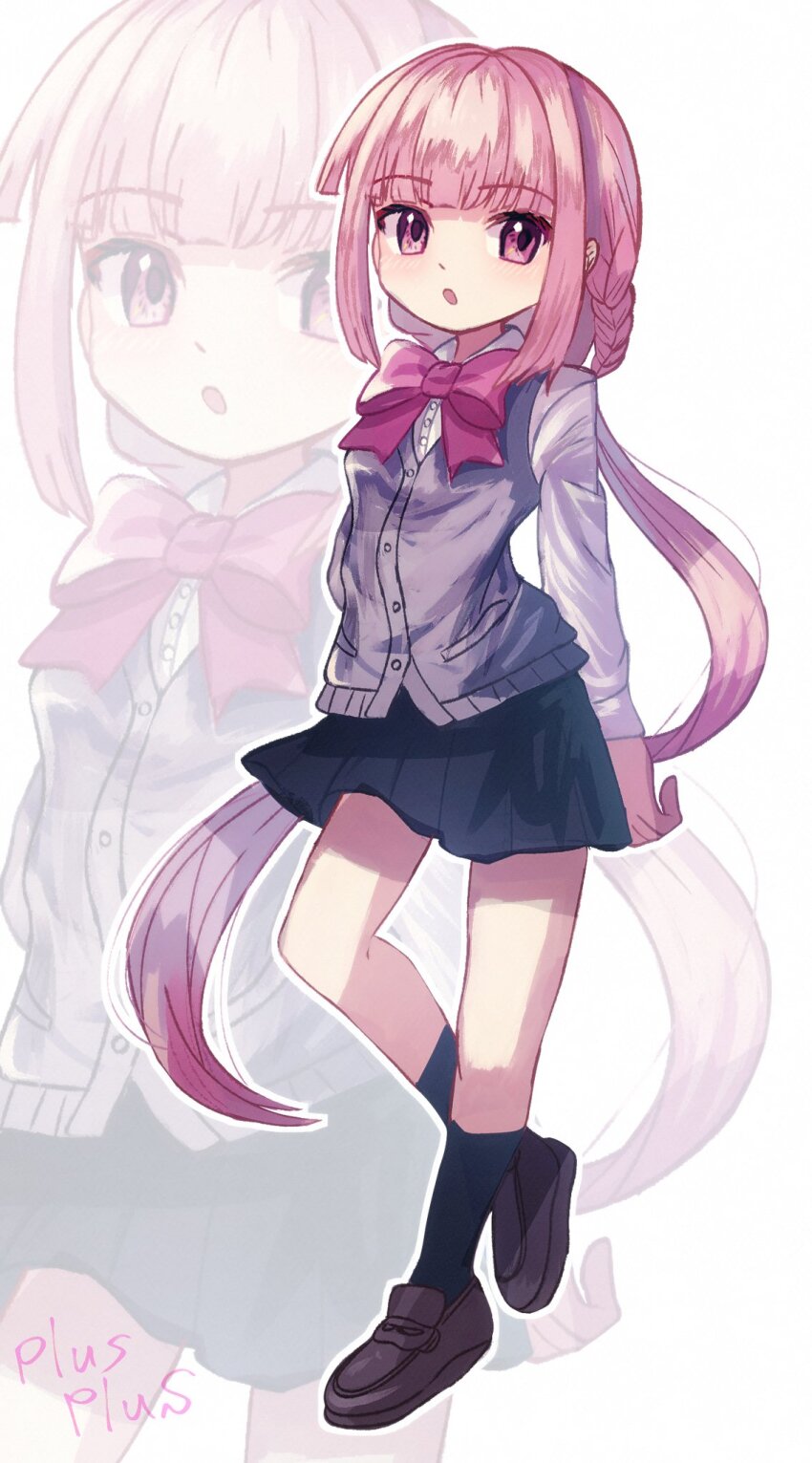 1girl braid full_body highres kamihama_university_affiliated_school_uniform looking_at_viewer low_ponytail magia_record:_mahou_shoujo_madoka_magica_gaiden mahou_shoujo_madoka_magica pink_eyes pink_hair plusplushm ponytail school_uniform side_braids solo tamaki_iroha