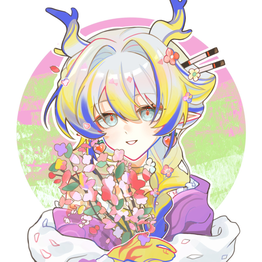 1girl :d arknights blonde_hair blue_hair border bouquet chinese_commentary choker colored_extremities commentary_request dragon_girl dragon_horns eyeliner flower frills gaoyang65769 green_eyes grey_hair grin hair_between_eyes hair_flower hair_intakes hair_ornament highres holding holding_bouquet horns long_hair looking_at_viewer makeup multicolored_hair official_alternate_costume open_mouth orange_eyeliner orange_pupils outside_border pink_flower pointy_ears purple_flower red_flower round_border shu_(arknights) shu_(spring_feast)_(arknights) smile solo upper_body white_border yellow_choker yellow_flower