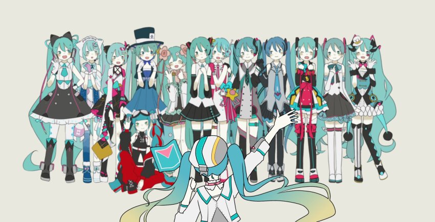 6+girls :d ^_^ aqua_bow aqua_eyes aqua_nails aqua_necktie asymmetrical_gloves asymmetrical_legwear black_bow black_gloves black_hat black_shoes black_skirt black_sleeves blonde_hair blue_gloves blue_hair blue_thighhighs blush boots bow closed_eyes collared_dress colored_skin commentary_request detached_sleeves dress flag full_body fur-trimmed_gloves fur_trim gloves gradient_hair grey_background grey_shirt hair_bow hair_ornament hairclip hat hatsune_miku headset highres holding holding_flag honomanbo jacket japanese_clothes kimono long_hair long_sleeves looking_at_another magical_mirai_(vocaloid) magical_mirai_miku magical_mirai_miku_(2013) magical_mirai_miku_(2014) magical_mirai_miku_(2015) magical_mirai_miku_(2016) magical_mirai_miku_(2017) magical_mirai_miku_(2018) magical_mirai_miku_(2019) magical_mirai_miku_(2020_summer) magical_mirai_miku_(2020_winter) magical_mirai_miku_(2021) magical_mirai_miku_(2022) magical_mirai_miku_(2024) mini_hat mismatched_gloves mismatched_legwear multicolored_hair multicolored_nails multiple_girls nail_polish necktie open_mouth pantyhose pink_gloves pink_nails pink_necktie pleated_skirt shirt shoes single_thighhigh skirt sleeveless sleeveless_dress sleeveless_shirt smile standing striped_clothes striped_thighhighs thigh_boots thighhighs top_hat twintails very_long_hair vocaloid white_gloves white_hat white_jacket white_pantyhose white_shirt white_shoes white_skin