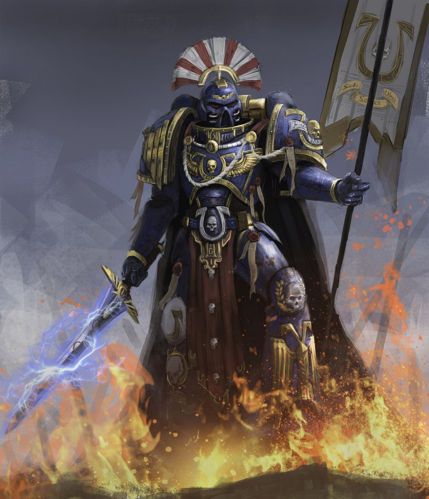 1boy adeptus_astartes aquila_(symbol) armor banner blue_armor commentary english_commentary fire gold_trim highres holding holding_banner holding_sword holding_weapon nn128841 pauldrons power_armor power_sword purity_seal science_fiction shoulder_armor solo sword ultramarines warhammer_40k weapon