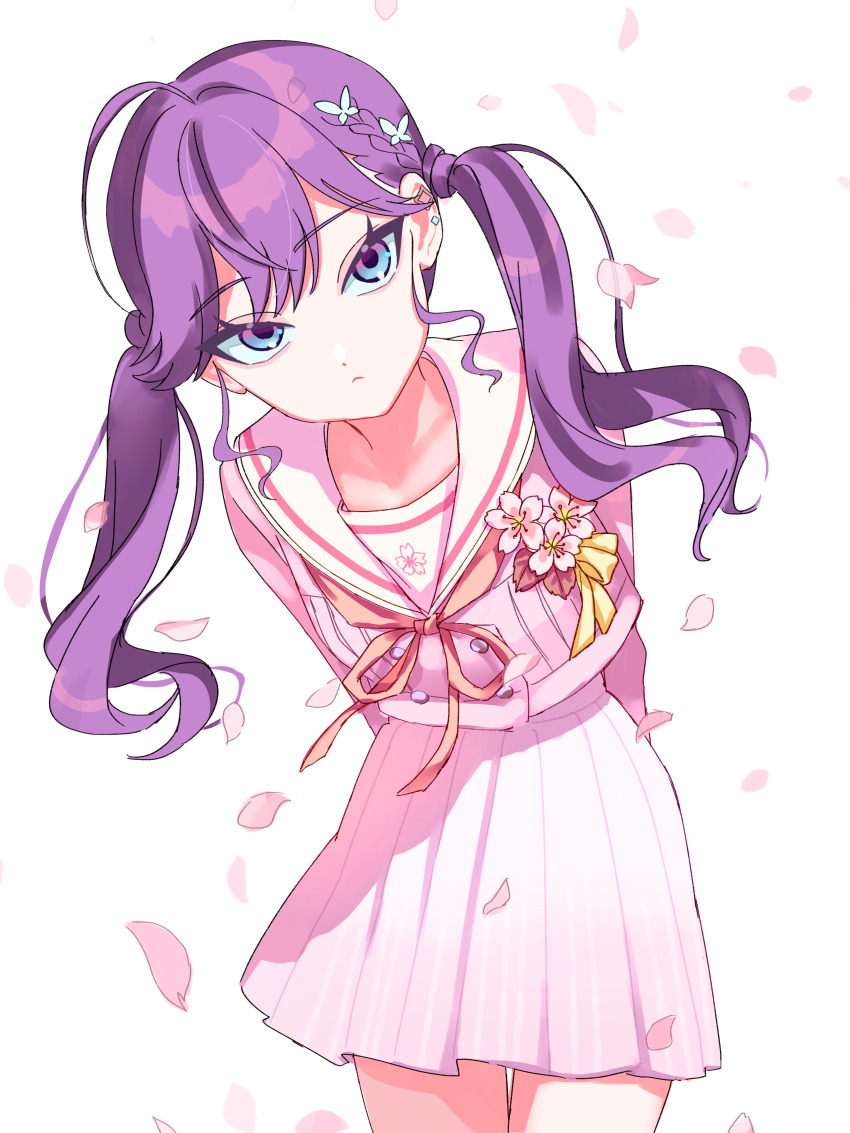 1girl absurdres ahoge arms_behind_back braid butterfly_hair_ornament commentary_request expressionless gakuen_idolmaster hair_ornament head_tilt highres idolmaster jacket kanipoposu kaya_rinha long_hair looking_at_viewer petals pink_serafuku purple_hair school_uniform serafuku shirt simple_background skirt solo twintails very_long_hair white_background white_shirt