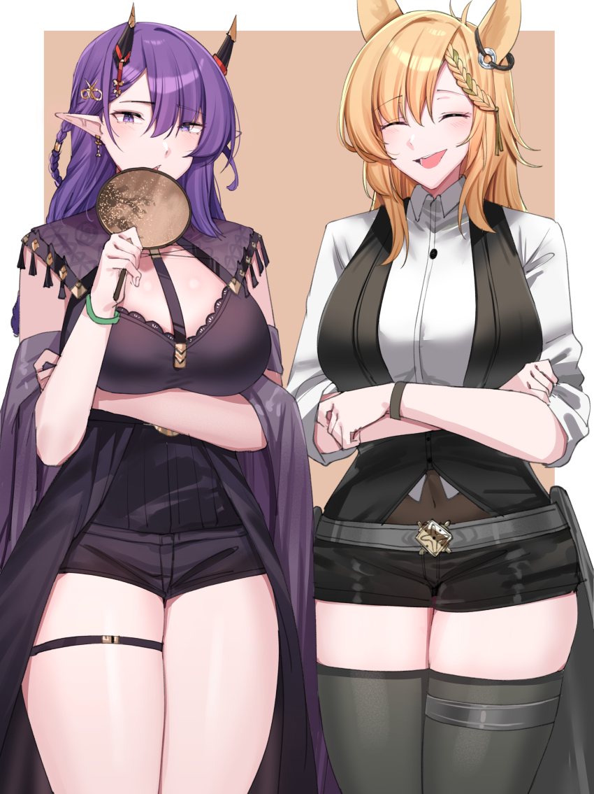 2girls :d absurdres animal_ears arknights belt black_thighhighs black_vest blonde_hair braid breasts commentary enough_333 grey_belt highres horns kroos_(arknights) kroos_the_keen_glint_(arknights) large_breasts lava_(arknights) lava_the_purgatory_(arknights) long_hair looking_at_viewer multiple_girls official_alternate_costume open_mouth pointy_ears purple_eyes purple_hair rabbit_ears shirt smile thighhighs vest white_shirt
