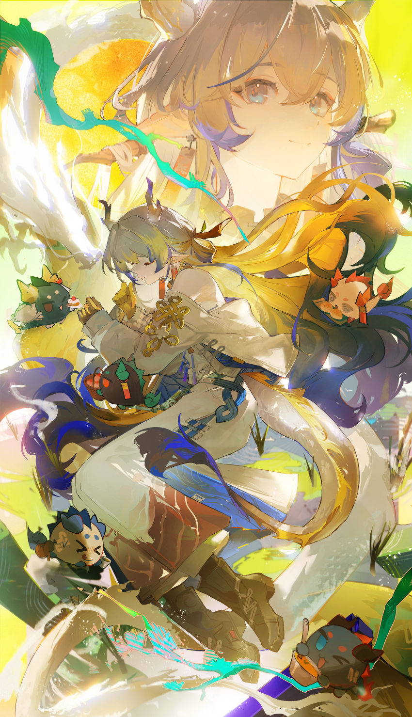 1girl absurdres ankle_boots annotated arknights beads black_boots blonde_hair blue_eyes boots chinese_commentary chongyue_(arknights) closed_eyes closed_mouth colored_extremities commentary_request dragon_bubble_(arknights) dragon_girl dragon_horns dragon_tail dusk_(arknights) earrings floating full_body grey_hair hair_between_eyes highres horns jacket jewelry lai_chi_kou_fan light_particles ling_(arknights) long_hair long_sleeves looking_at_viewer multicolored_hair multiple_views nian_(arknights) pants pointy_ears purple_hair shu_(arknights) single_sleeve_past_wrist smile tail very_long_hair white_jacket white_pants yu_(arknights)