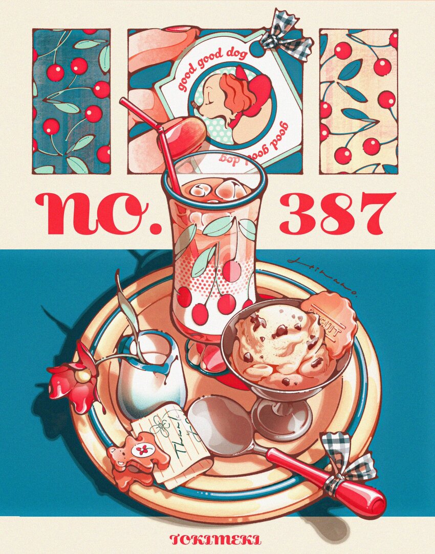 cherry cup dog drink drinking_straw fingernails flower food fruit highres holding ice ice_cream nail_polish note original plate red_flower signature spoon tag trym_hinano