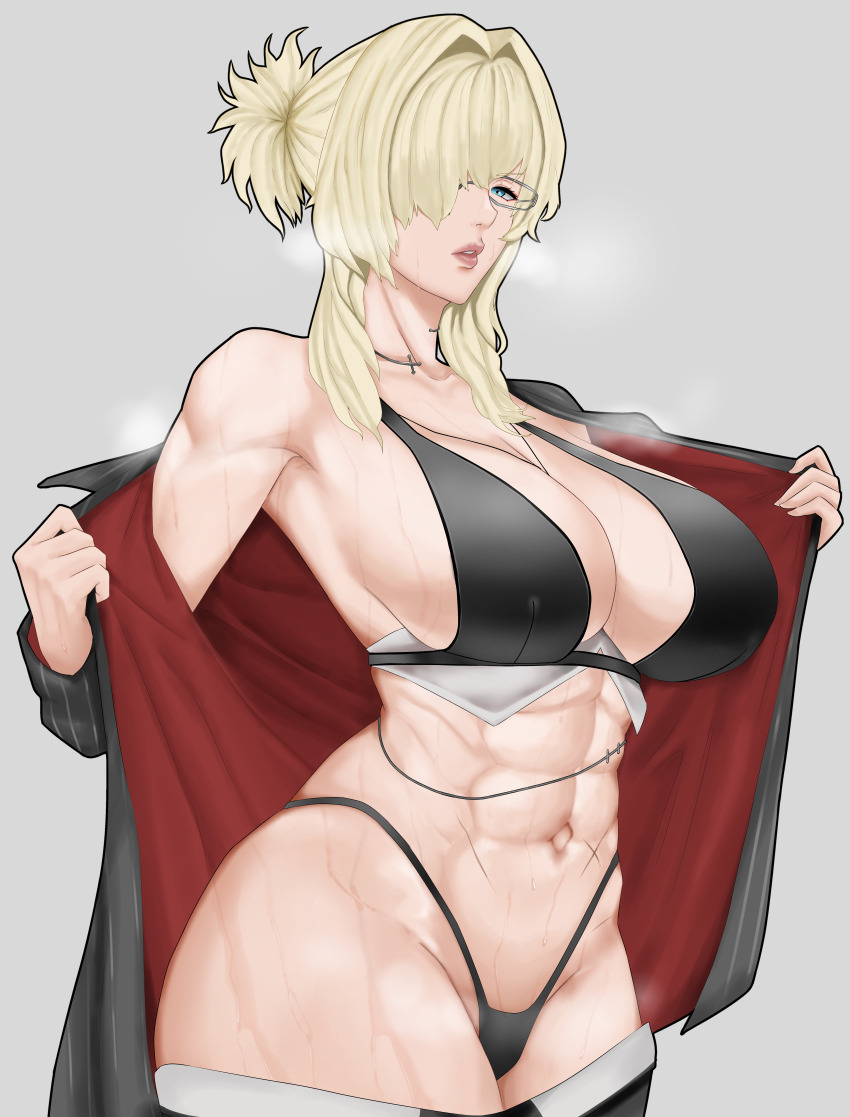 1girl abs absurdres armpits bikini black_bikini black_jacket black_pants blonde_hair blue_eyes breasts cleavage clothes_pull collar collarbone commentary cowboy_shot formal_clothes glasses goddess_of_victory:_nikke grave_(beautiful_you)_(nikke) grave_(nikke) grey_background groin hair_between_eyes highleg highleg_bikini highres ja-akuna jacket large_breasts long_hair looking_at_viewer metal_collar multiple_scars navel necklace_between_breasts official_alternate_costume pants pants_pull parted_lips pinstripe_jacket pinstripe_pattern pinstripe_suit ponytail scar scar_on_stomach short_ponytail sidelocks simple_background single_bare_shoulder solo steam stomach suit sweat swimsuit undressing