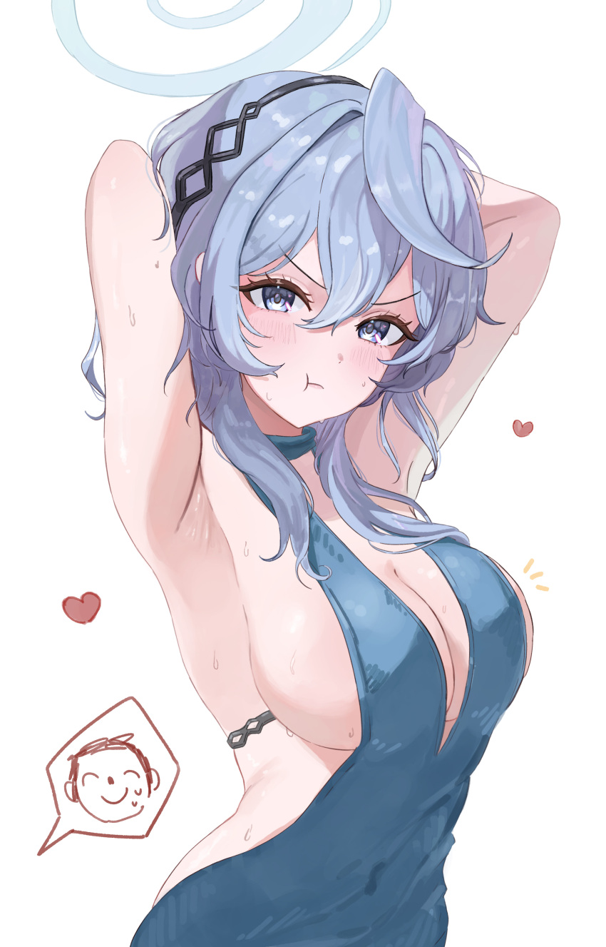 1boy 1girl absurdres ako_(blue_archive) ako_(dress)_(blue_archive) armpits blue_archive blue_dress blue_hair blue_halo breasts cleavage doodle_sensei_(blue_archive) dress evening_gown halo highres official_alternate_costume sensei_(blue_archive) sideboob sideless_dress sideless_outfit sleeveless sleeveless_dress yamu_(yamu_030)