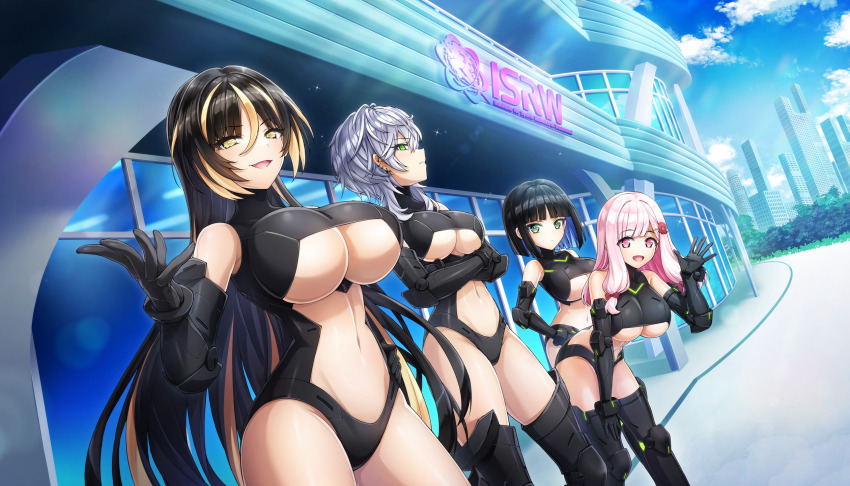 4girls amadea_wolfa black_hair blue_sky bodysuit breasts building center_opening cleavage cleavage_cutout clothing_cutout cloud crossed_arms dolphin_wave eines_(dolphin_wave) elbow_gloves game_cg gloves green_eyes hair_between_eyes hair_ornament hairclip hand_on_own_hip hand_on_own_thigh highres large_breasts long_hair multicolored_hair multiple_girls nacht_(dolphin_wave) navel non-web_source official_art ootomo_takuji pink_hair sarah_anthony short_hair sky swept_bangs symbol-shaped_pupils thighhighs two-tone_hair underboob underboob_cutout