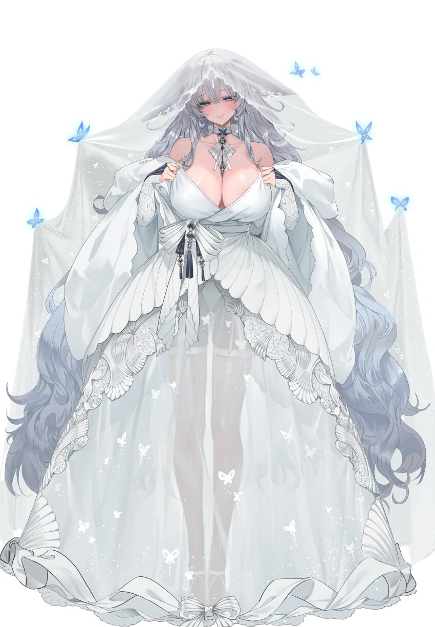 1girl absurdly_long_hair absurdres alternate_costume animal_ears artist_name azur_lane bare_shoulders blue_butterfly blue_eyes bow breasts bridal_veil bride bug butterfly choker cleavage closed_mouth dark-skinned_female dark_skin dishwasher1910 double-parted_bangs dress empire_waist facing_viewer floppy_ears fox_ears fox_girl full_body garter_straps gown grey_hair halter_dress halterneck hands_up highres insect large_breasts layered_dress long_hair long_sleeves long_veil looking_at_viewer looking_to_the_side mandarin_collar parted_lips see-through_clothes see-through_dress see-through_veil shawl shinano_(azur_lane) sideboob simple_background smile solo standing tan translucent veil very_long_hair w_arms waist_bow wedding_dress white_background white_bow white_choker white_garter_straps white_shawl