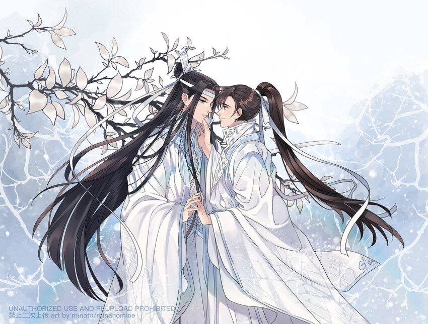 2boys alternate_costume artist_name bishounen black_eyes black_hair branch brown_hair chinese_clothes closed_mouth commentary couple english_commentary eye_contact face-to-face flower from_side hair_ribbon hand_on_another&#039;s_chin hand_up hanfu headband high_ponytail holding_hands lan_wangji long_hair long_sleeves looking_at_another male_focus minataka94 modao_zushi multiple_boys ponytail profile ribbon robe smile snow snowing standing topknot tree upper_body very_long_hair watermark wei_wuxian white_flower white_hanfu white_headband white_ribbon white_theme wide_sleeves xiao_guan_(headdress) yaoi yellow_eyes