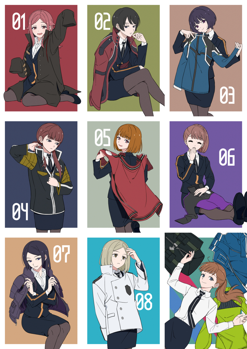 6+girls ^_^ absurdres adjusting_hair aqua_background arashiyama_squad&#039;s_uniform arm_behind_back ayatsuji_haruka black_footwear black_hair black_necktie black_skirt blonde_hair blue_background blue_jacket blunt_bangs bob_cut border_operator_uniform_(world_trigger) borrowed_clothes breasts brown_background brown_eyes brown_hair closed_eyes collage collared_shirt covered_mouth crossed_legs dressing fuyushima_squad&#039;s_uniform green_background grey_background grey_pantyhose hair_over_shoulder hand_to_own_mouth hand_up hands_up head_tilt highres holding holding_unworn_clothes holding_jacket holding_unworn_clothes invisible_chair jacket jacket_on_shoulders kako_squad&#039;s_uniform katagiri_squad&#039;s_uniform kazama_squad&#039;s_uniform kobayakawa_an kunichika_yuu kusakabe_saki kusakabe_squad&#039;s_uniform legs_together long_hair long_sleeves looking_at_viewer looking_back low_twintails lying maki_risa medium_breasts mikami_kaho miniskirt miwa_squad&#039;s_uniform multiple_girls necktie no_jacket no_neckwear on_back outside_border outstretched_leg pantyhose parted_hair pencil_skirt ponytail purple_background purple_eyes purple_hair purple_jacket red_background red_eyes red_jacket rindou_yuri shirt short_hair sideways_glance simple_background sitting skirt sleeves_past_fingers sleeves_past_wrists small_breasts smile standing standing_on_one_leg straight_hair swept_bangs tachikawa_squad&#039;s_uniform tsukimi_ren twintails unworn_jacket w_arms wariza white_jacket white_shirt world_trigger yawai_tofu yuitsuka_karin