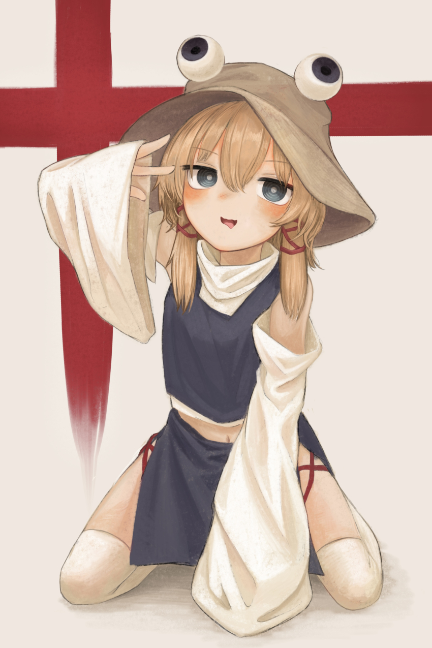 1girl absurdres blonde_hair blue_eyes blue_shirt blue_sky brown_headwear commentary_request detached_sleeves googly_eyes highres kneeling midriff_peek moriya_suwako neritch shirt sky sleeveless sleeveless_shirt sleeves_past_fingers sleeves_past_wrists solo touhou white_background white_sleeves