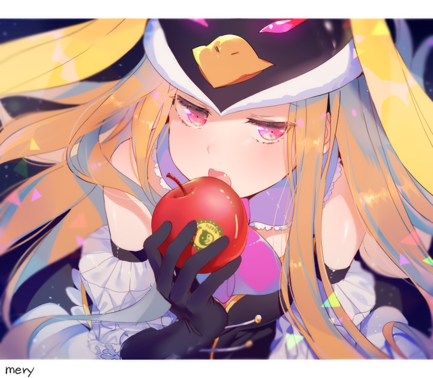 10s 1girl animal_hat animal_print apple artist_name bad_id bad_pixiv_id black_gloves blonde_hair border breasts brown_hair eyelashes fang female_focus food frills fruit gloves hair_between_eyes hat light_particles long_hair mawaru_penguindrum mery_(yangmalgage) open_mouth penguin_hat pink_eyes princess_of_the_crystal purple_eyes small_breasts solo takakura_himari triangle upper_body white_border