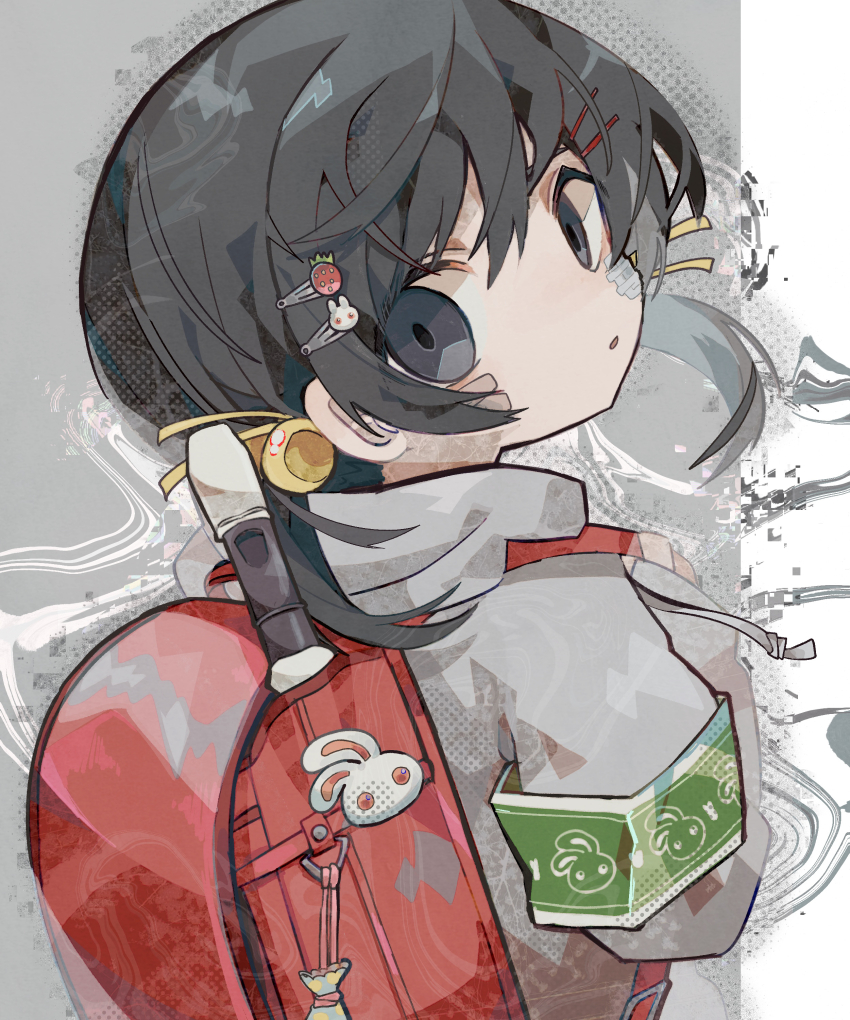 1girl abstract_background absurdres animal_print armband backpack bag bandaid bandaid_on_cheek bandaid_on_face black_eyes black_hair commentary expressionless flute food-themed_hair_ornament from_side gauze gauze_on_cheek gauze_on_face green_armband grey_background grey_hoodie hair_bobbles hair_ornament hair_ribbon hairclip halftone hand_up highres hood hood_down hoodie instrument kaai_yuki long_sleeves looking_at_viewer looking_back low_twintails medium_hair parted_lips pouch rabbit_hair_ornament rabbit_pin rabbit_print randoseru recorder red_bag red_ribbon ribbon short_twintails solo soresaki strawberry_hair_ornament twintails upper_body vocaloid