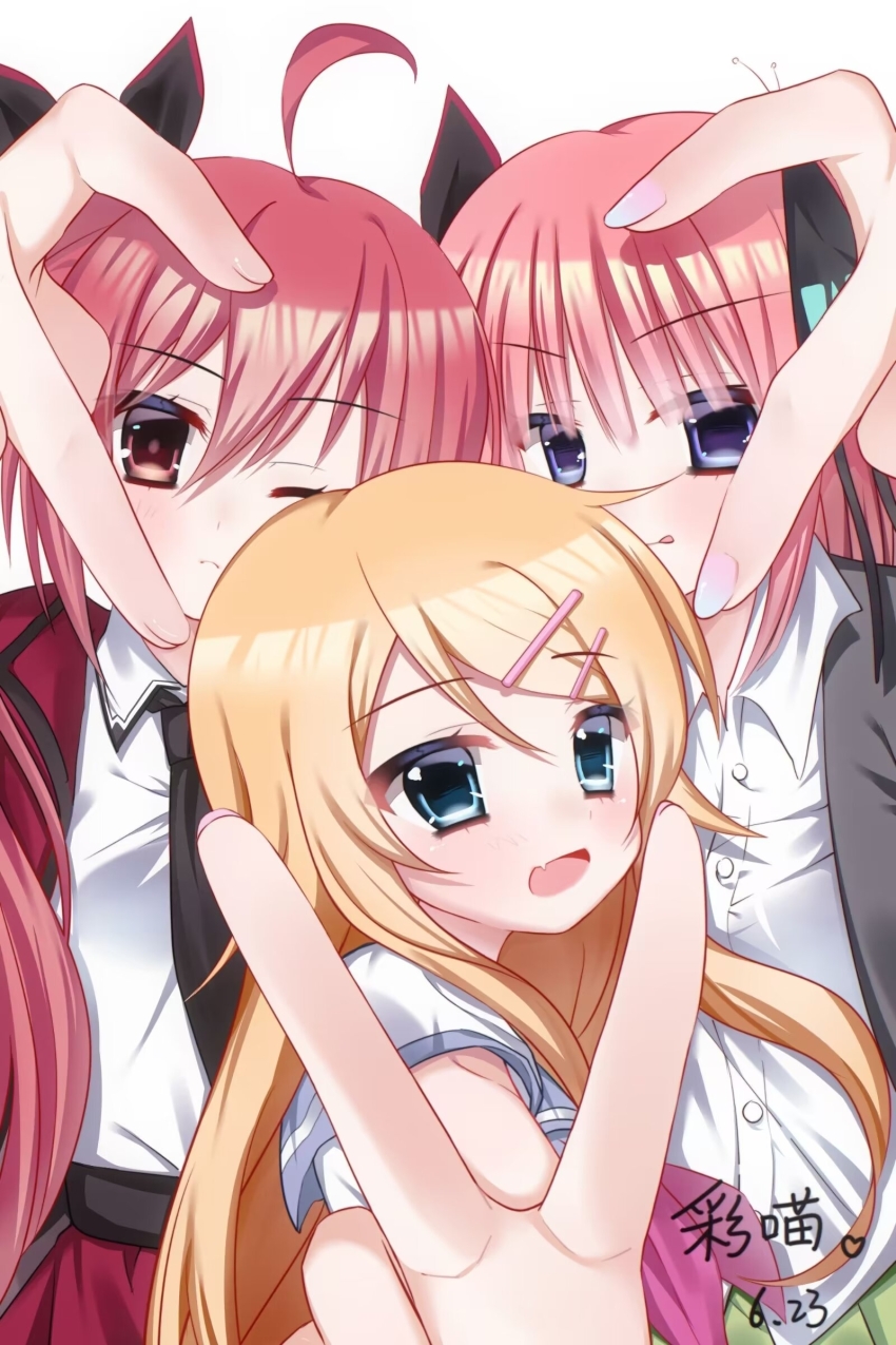 3girls :d :p ;( absurdres ahoge black_jacket black_necktie black_ribbon blonde_hair blue_eyes blunt_bangs blush chinese_commentary closed_mouth collared_shirt commentary_request cowboy_shot crossover date_a_live dress_shirt eyes_visible_through_hair fang floating_hair go-toubun_no_hanayome hair_between_eyes hair_ornament hair_ribbon hairclip heart heart_hands heart_hands_trio highres itsuka_kotori jacket kousaka_kirino long_hair looking_at_viewer medium_hair multiple_girls nail_polish nakano_nino necktie nekokawa_inori one_eye_closed open_clothes open_jacket open_mouth ore_no_imouto_ga_konna_ni_kawaii_wake_ga_nai parallel_hairclips pink_nails red_eyes red_hair red_jacket ribbon shirt short_sleeves sidelocks simple_background skin_fang smile taketatsu_ayana tongue tongue_out upper_body v v-shaped_eyebrows very_long_hair voice_actor_connection white_background white_shirt