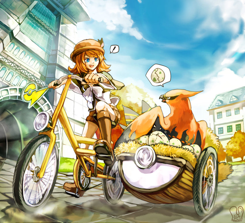 ! 10s 1girl bicycle blue_eyes boots brown_hair cloud creatures_(company) day egg eye_contact game_freak gameplay_mechanics gen_6_pokemon hat highres knee_boots looking_at_another nintendo npc_trainer outdoors pokemon pokemon_(creature) pokemon_ability pokemon_breeder_(pokemon) pokemon_xy road sa-dui serena_(pokemon) sett short_hair sidecar sky spoken_exclamation_mark spoken_object street talonflame tree truth