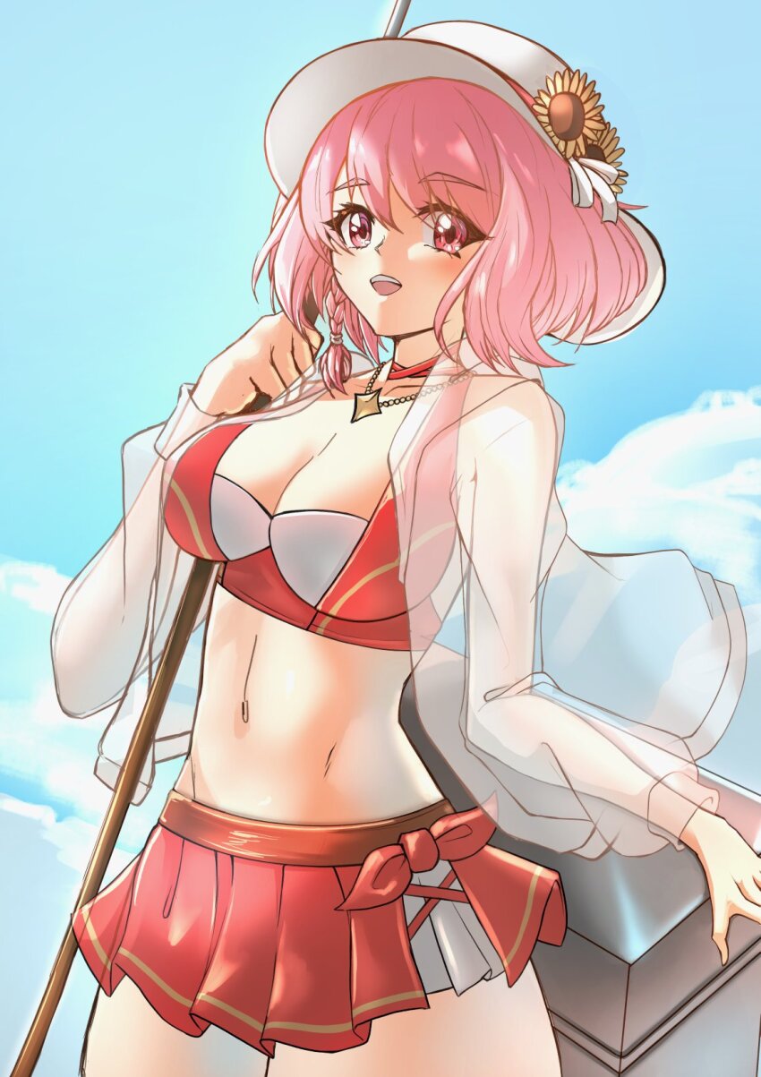 1girl bikini blush breasts cleavage cooler deekei fire_emblem fire_emblem_engage fire_emblem_heroes flat_cap flower harpoon hat highres holding_harpoon jacket jewelry lapis_(fire_emblem) lapis_(forager_of_the_sea)_(fire_emblem) large_breasts multicolored_bikini navel necklace nintendo official_alternate_costume open_mouth pink_eyes pink_hair red_bikini see-through_clothes see-through_jacket short_hair skirt smile solo sunflower swimsuit tackle_box two-tone_hat white_hat white_jacket