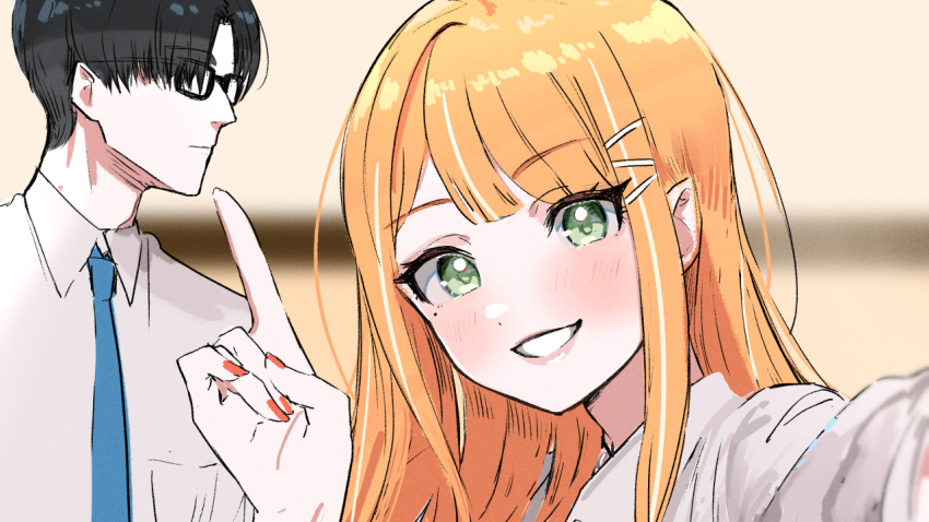 1boy 1girl black-framed_eyewear black_hair blue_necktie blush commentary_request fingernails gakuen_idolmaster glasses idolmaster kasasagi_(futagodori888) long_hair mole mole_under_eye nail_polish necktie orange_hair pointing producer_(idolmaster) selfie shirt shiun_sumika smile straight_hair upper_body white_shirt