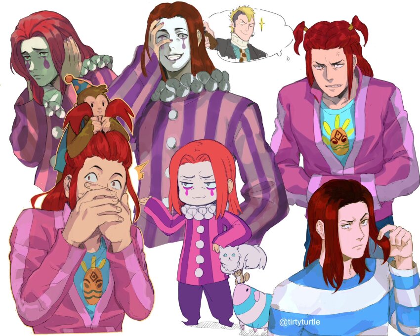 1boy :3 ace_attorney ace_attorney_investigations ace_attorney_investigations_2:_prosecutor&#039;s_gambit animal blonde_hair blue_shirt cat chibi clenched_teeth closed_mouth clown clown_boy covering_own_ears covering_own_mouth grin hair_down hand_on_own_face hands_in_pocket highres image_in_thought_bubble jacket long_sleeves male_focus monkey multiple_views naitou_manosuke neck_ruff parted_bangs partially_unzipped pink_jacket prison_clothes red_hair sarushiro_souta shirt short_twintails smile spoilers squirrel striped_clothes teardrop_facial_mark teeth tirtyturtle twintails vertical-striped_clothes white_background white_facepaint