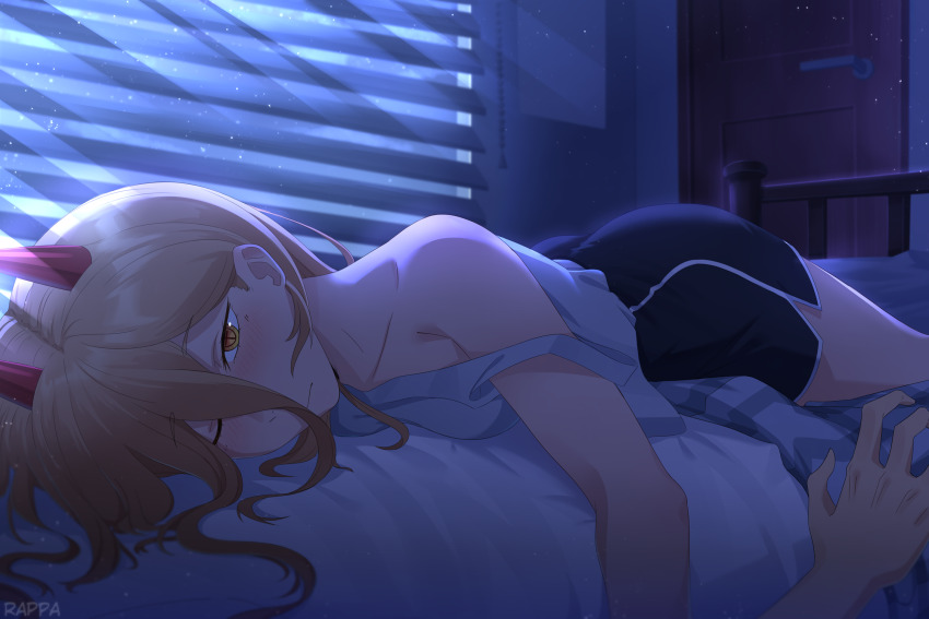 1boy 1girl artist_name ass bed bedroom blonde_hair blush breasts chainsaw_man collarbone demon demon_girl demon_horns devil devil_girl dolphin_shorts faceless faceless_male highres horns long_hair lying lying_on_person on_stomach one_eye_closed power_(chainsaw_man) rappa_(sirrappa) short_shorts shorts small_breasts symbol-shaped_pupils thighs unusual_pupils yellow_eyes