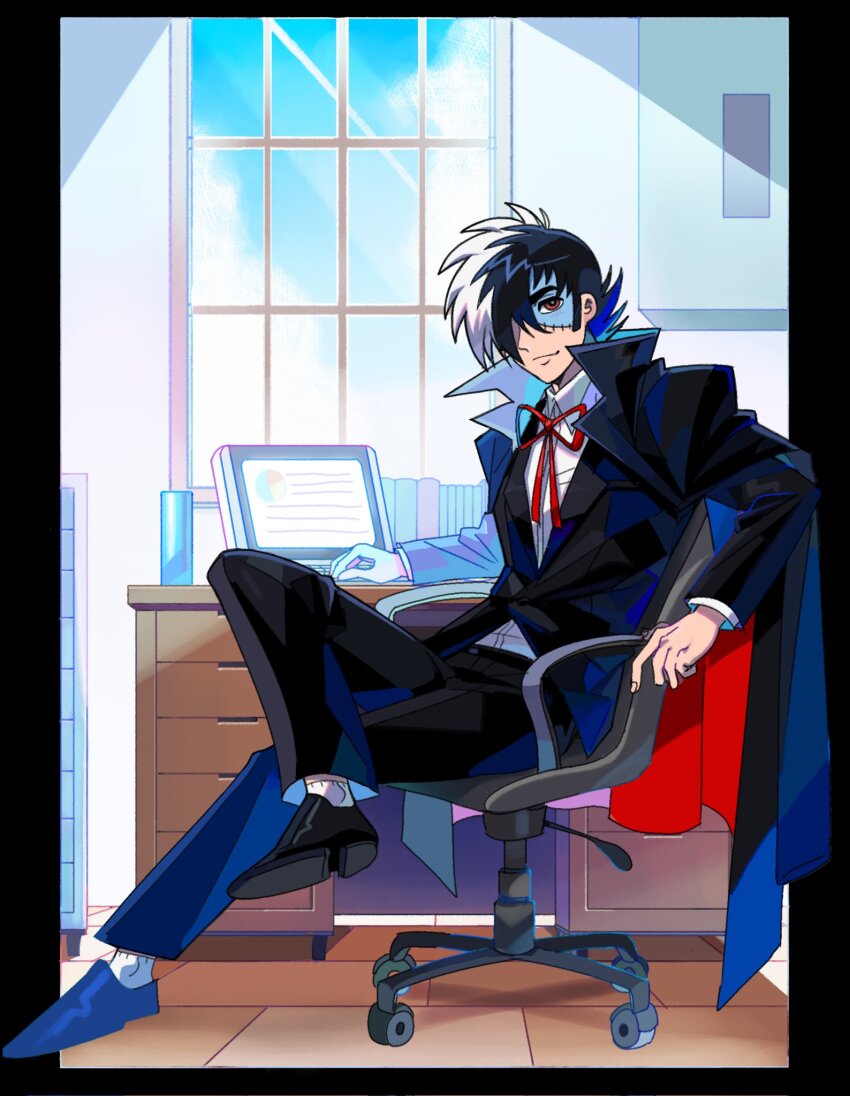 1boy black_coat black_hair black_jack_(character) black_jack_(series) black_pants black_shoes black_suit blue_skin blue_sky book bow bowtie chair coat collared_shirt colored_skin computer denaseey dress_shoes formal_clothes highres interior laptop leg_up light_smile male_focus multicolored_hair office_chair pants red_bow red_bowtie red_eyes shirt shoes sideburns sitting sky socks spiked_hair stitched_face stitches suit sunlight swivel_chair table two-tone_hair wheel white_hair white_shirt white_socks window wooden_table