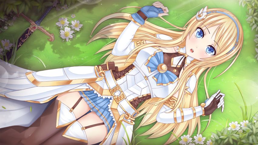 1girl armor armored_dress belt belt_buckle blonde_hair blue_bow blue_eyes blue_gloves blue_skirt bow buckle corset crystalline detached_sleeves dress faulds female_focus fingerless_gloves flower from_above garter_straps gauntlets gloves gold_trim grass hair_ornament hairband highres leanna_dawn lying on_back open_mouth panties pantyshot pauldrons sheath sheathed shoulder_armor single_fingerless_glove single_gauntlet skirt solo sunimu sword thighhighs underwear weapon white_armor